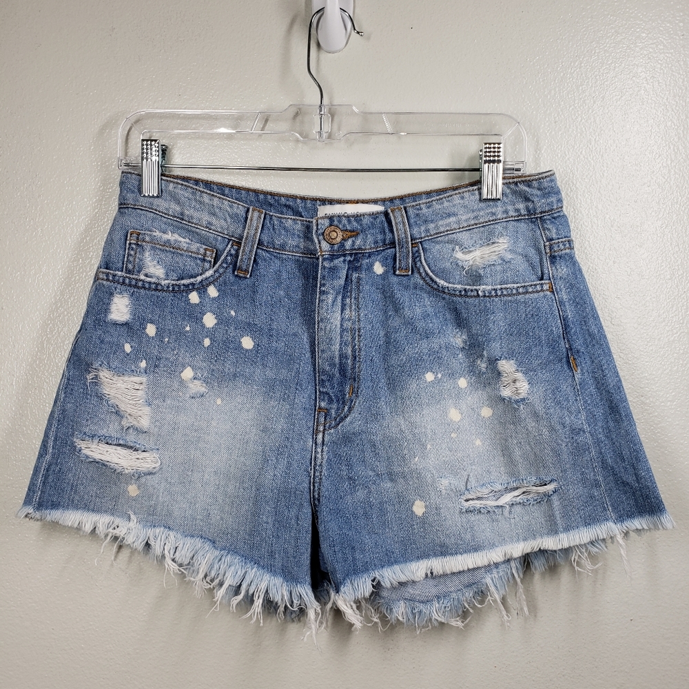 FLYING MONKEY Lightwash bleach splatter frayed distressed jean shorts
